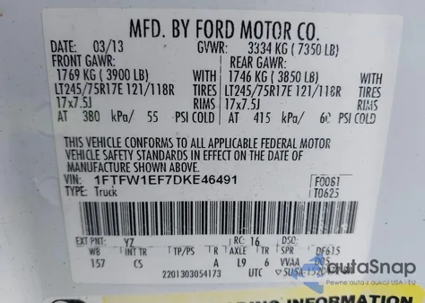 2013 Ford F-150 Xl z USA, uszkodzony, nr VIN 1FTFW1EF7DKE46491